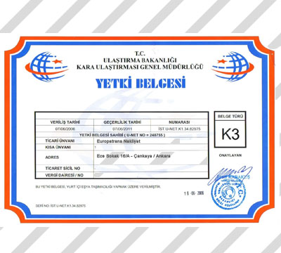 Ankara Nakliyat K3 Yetki Belgesi